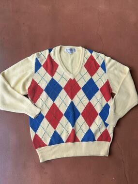Vintage 1980s Braemar of Scotland Argyle Sweater L Cotton Hong Kong V Neck